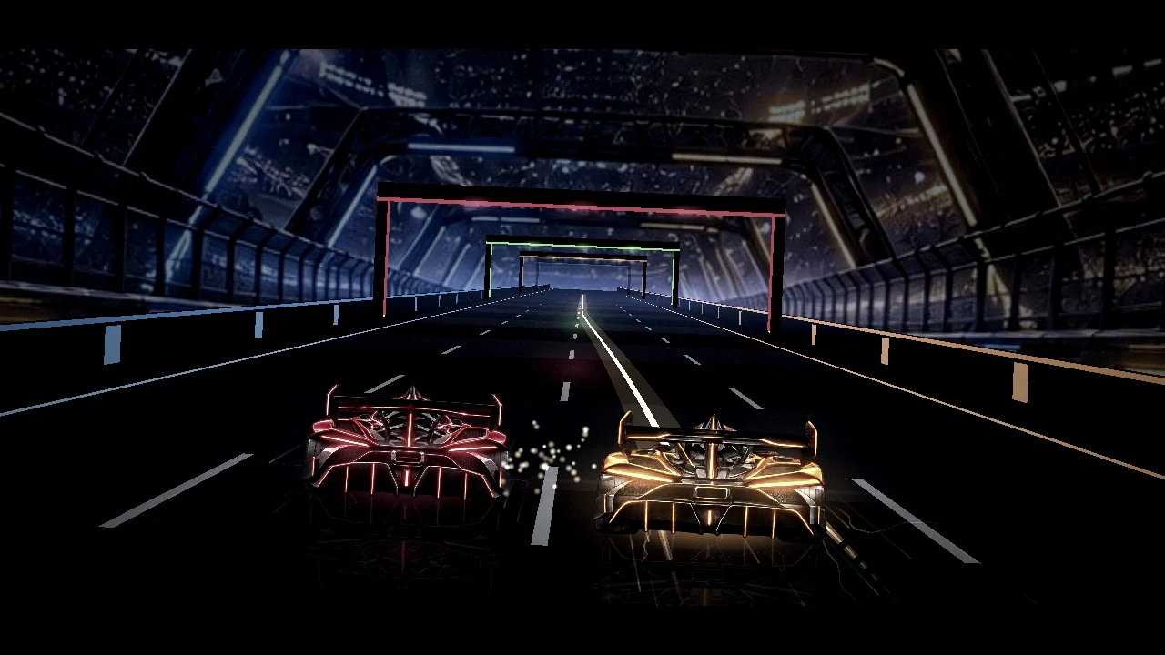 The overtake in the opening: the orange car cuts across in front of the red one