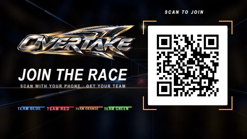 Big screen: JOIN THE RACE with a QR code and the four team names